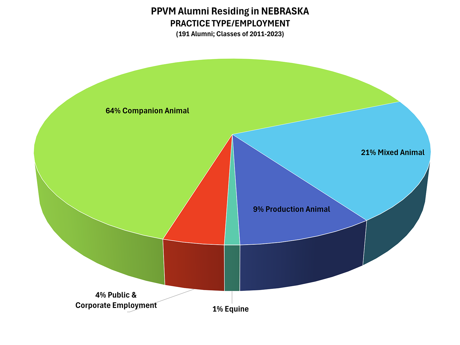 Pie chart showing distribution of practice type for PPVM Alumni practicing in Nebraska
