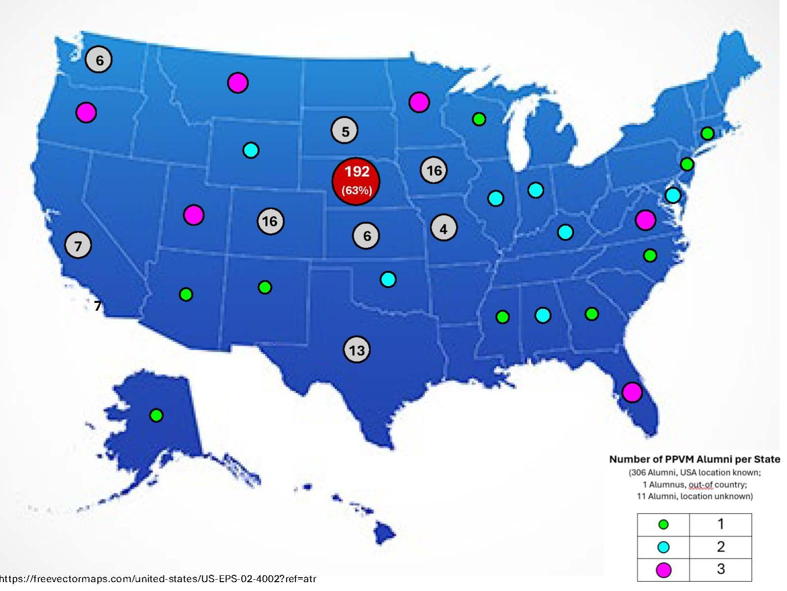 Map of USA showing practice location for PPVM Alumni in the USA