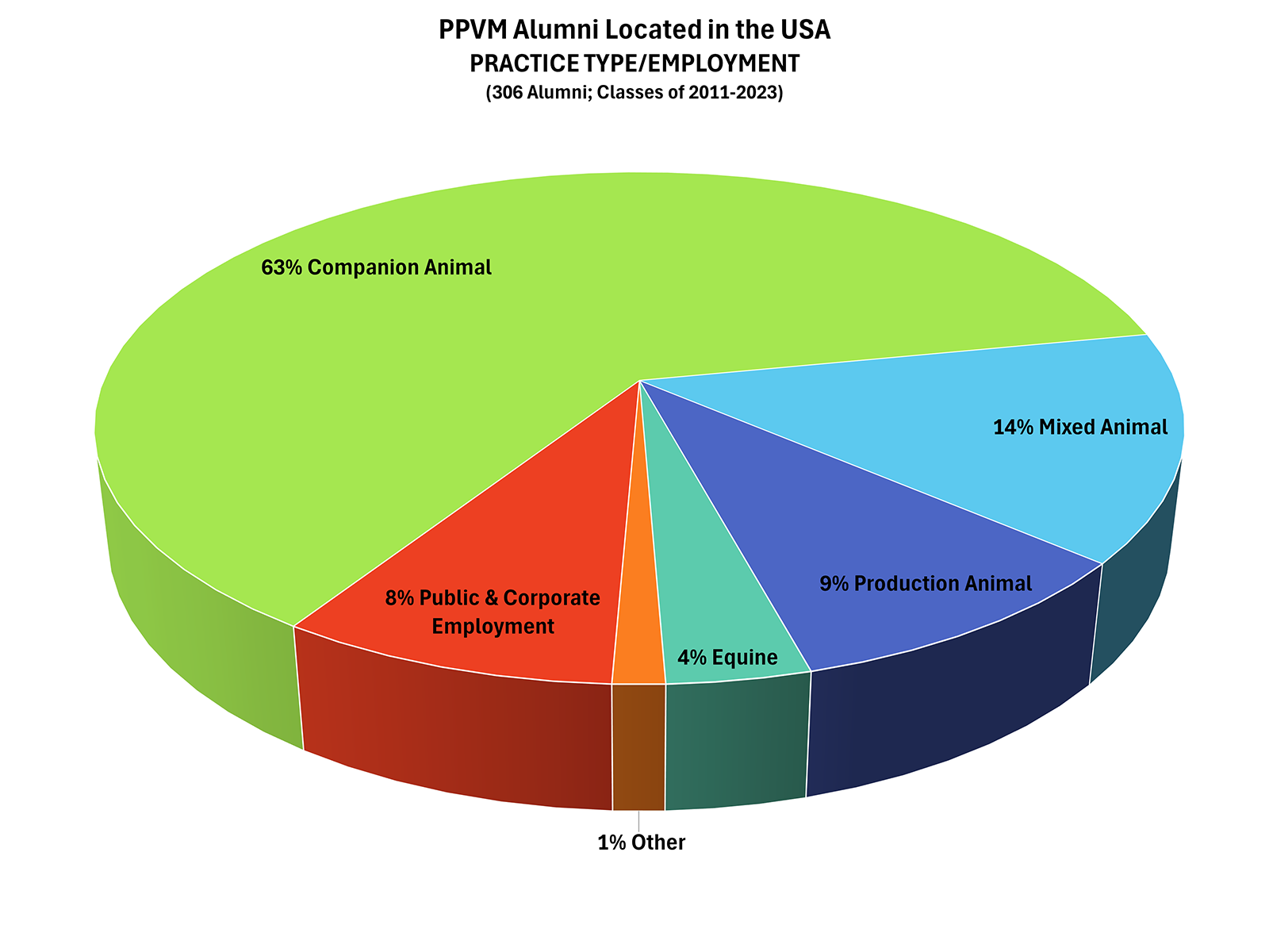 Pie chart showing distribution of practice type for PPVM Alumni in the USA