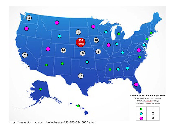 Map of the US indicating states PPVM alumni are located