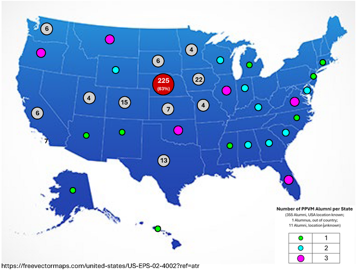 Map of the US indicating states PPVM alumni are located